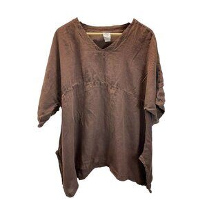 Match Point USA S-LG Brown Linen Tunic Top Lagenlook short sleeve Boxy oversized